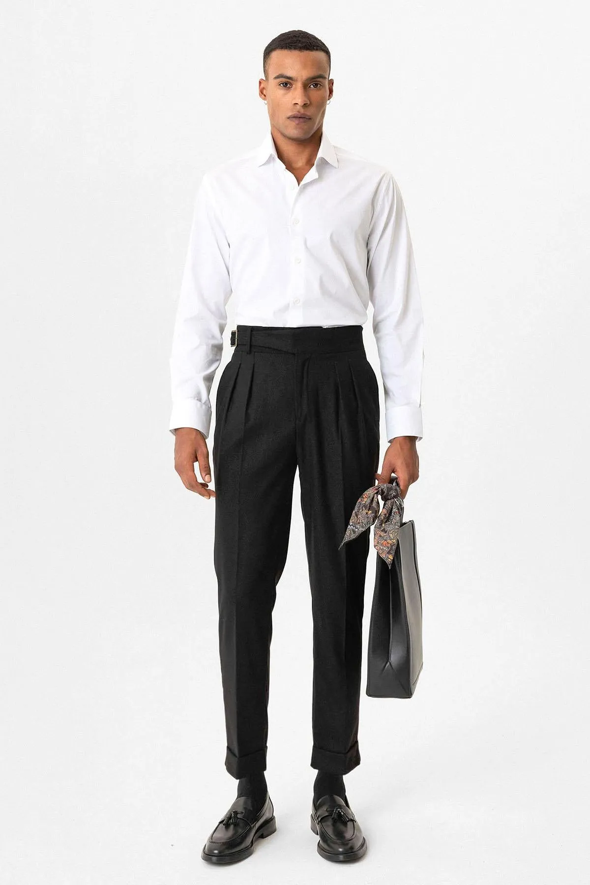 Black Pleated Men's Trousers with Buckle Detail - Wessi