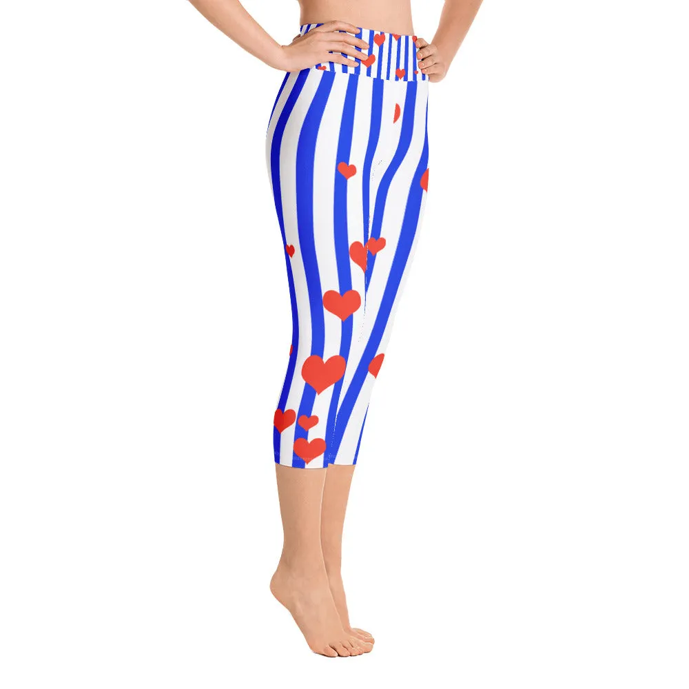 Blue Striped Women's Capri Leggings, American Patriotic Leggings w/ Pockets - Made in USA/EU