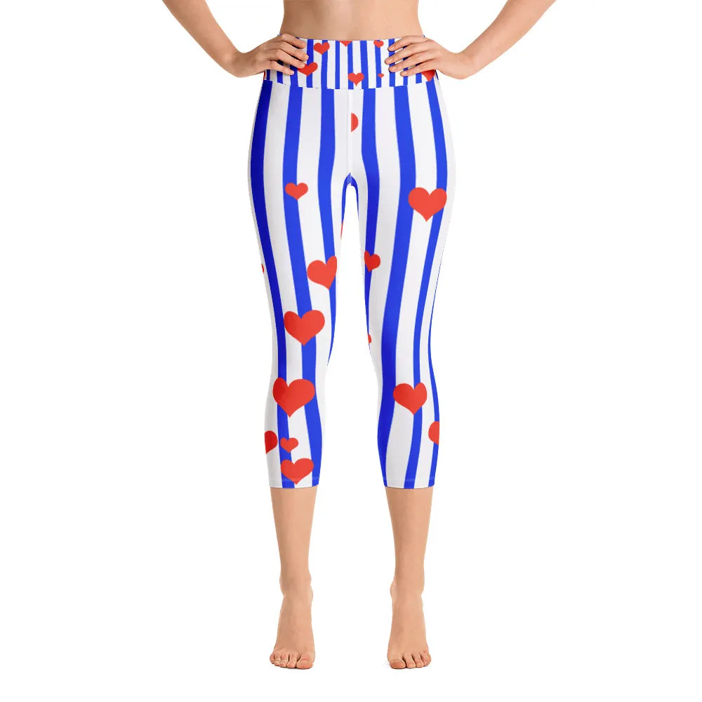 Blue Striped Women's Capri Leggings, American Patriotic Leggings w/ Pockets - Made in USA/EU