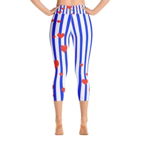 Blue Striped Women's Capri Leggings, American Patriotic Leggings w/ Pockets - Made in USA/EU