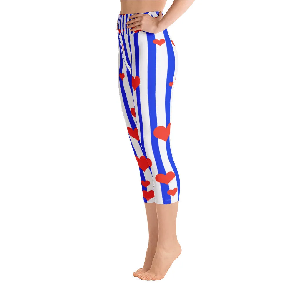 Blue Striped Women's Capri Leggings, American Patriotic Leggings w/ Pockets - Made in USA/EU