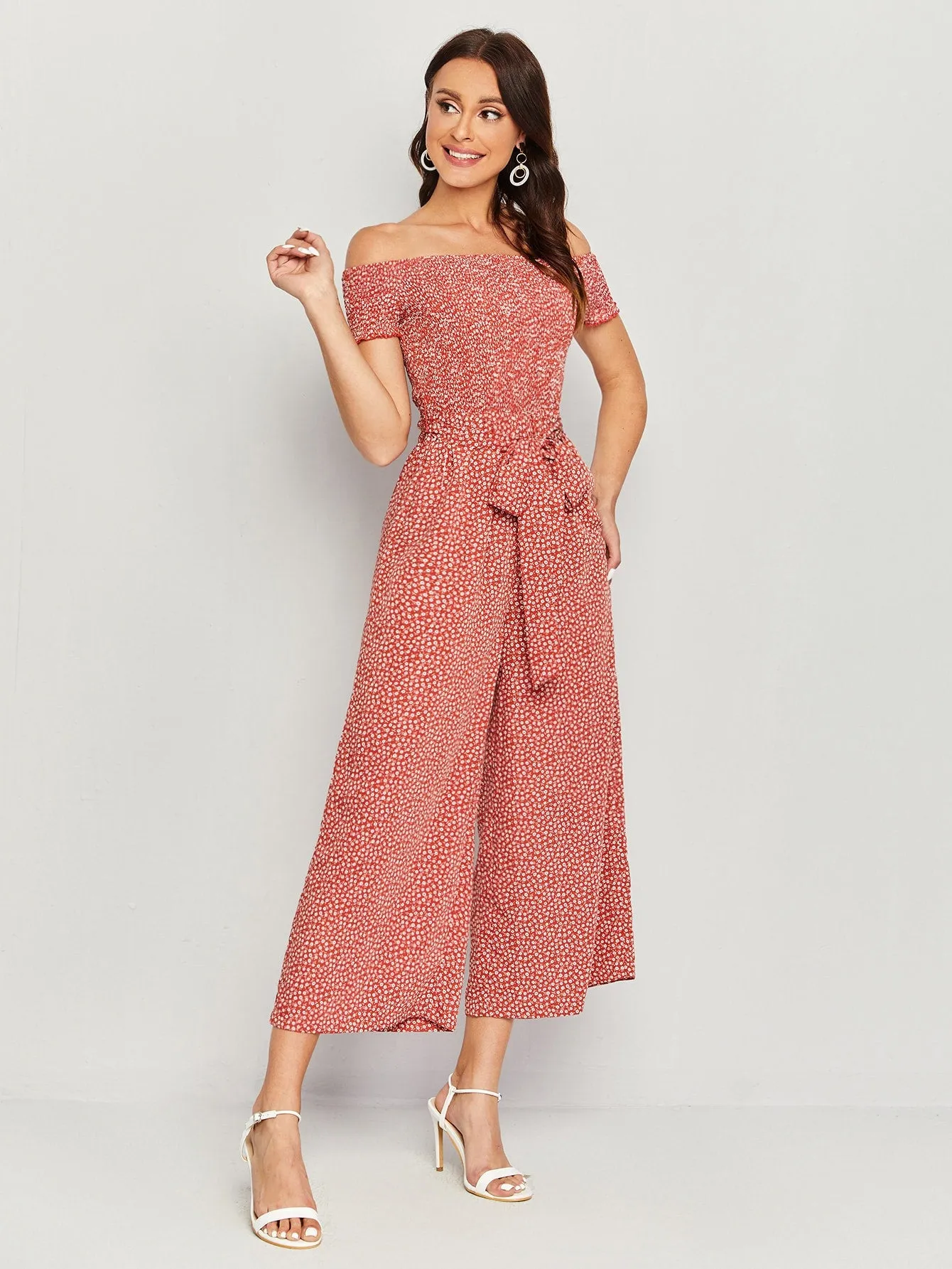 Boho Ditsy Floral Shirred Short Sleeve Off The Shoulder High Waist Long Women Jumpsuit