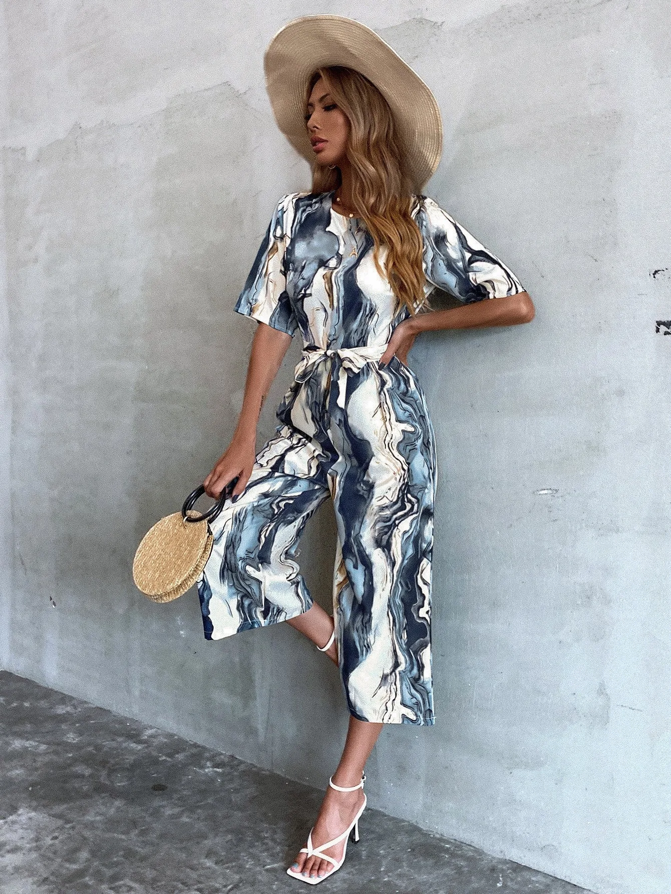 Boho Graphic Belted Half Sleeve Round Neck High Waist Capris Women Jumpsuit