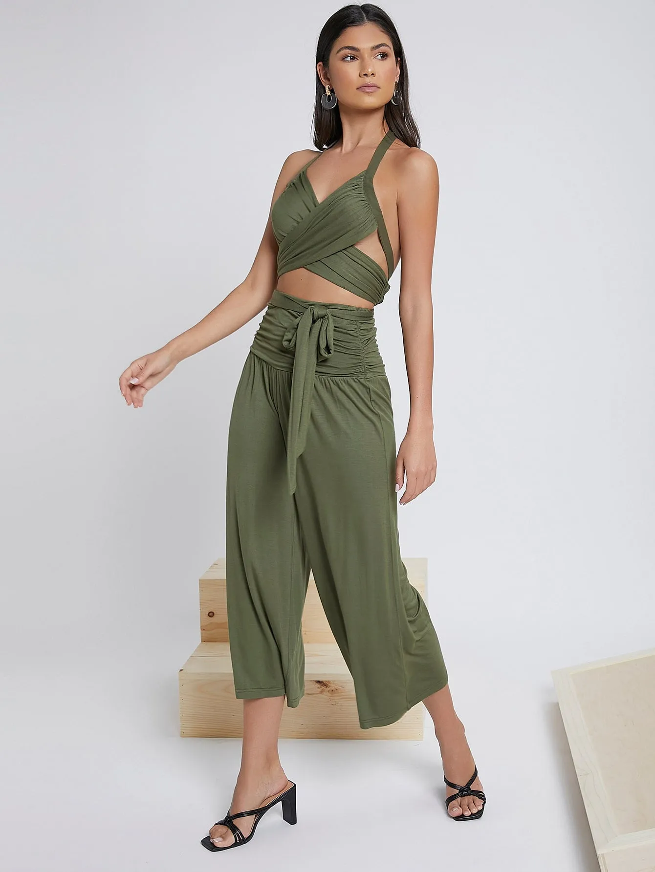 Boho Plain Tie Front Sleeveless Halter High Waist Capris Women Jumpsuit