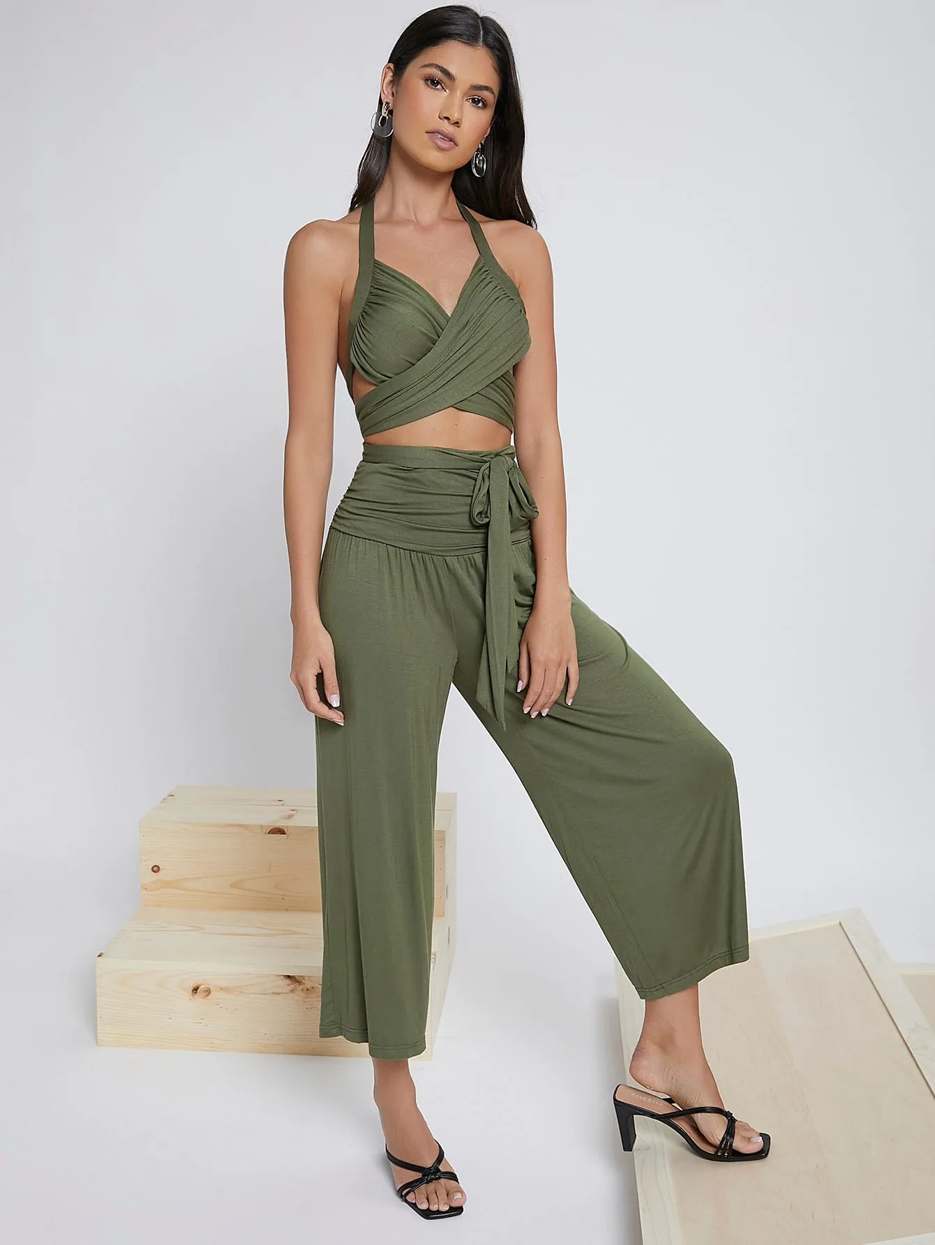 Boho Plain Tie Front Sleeveless Halter High Waist Capris Women Jumpsuit