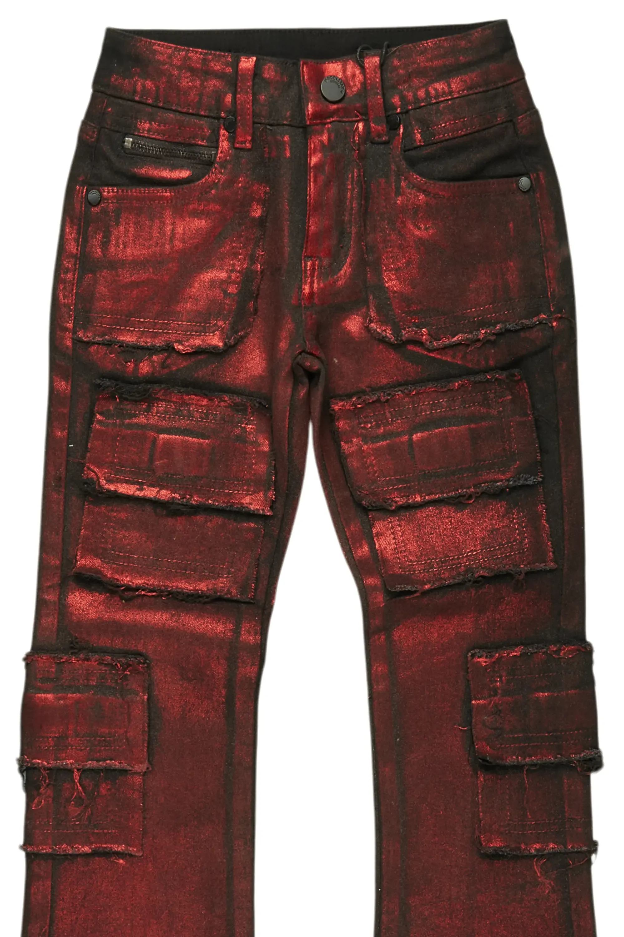 Boys Tyrell Red Metallic Coated Stacked Flare Jean