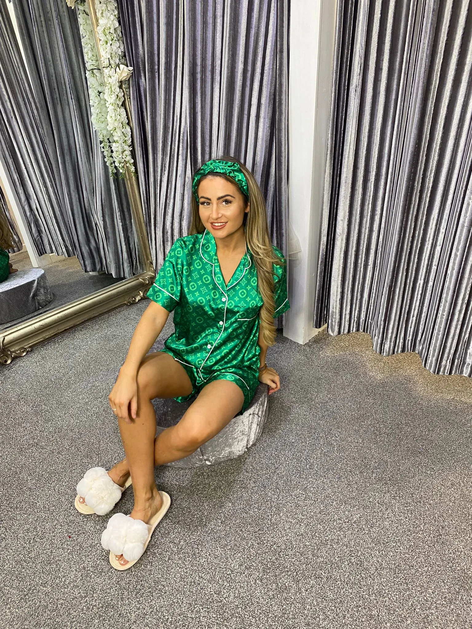 Caley green satin print shorts pyjamas