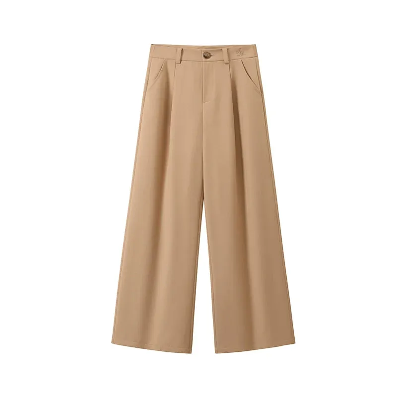 Camel Wide-Leg Trousers - High-Waisted Pleated Palazzo Pants