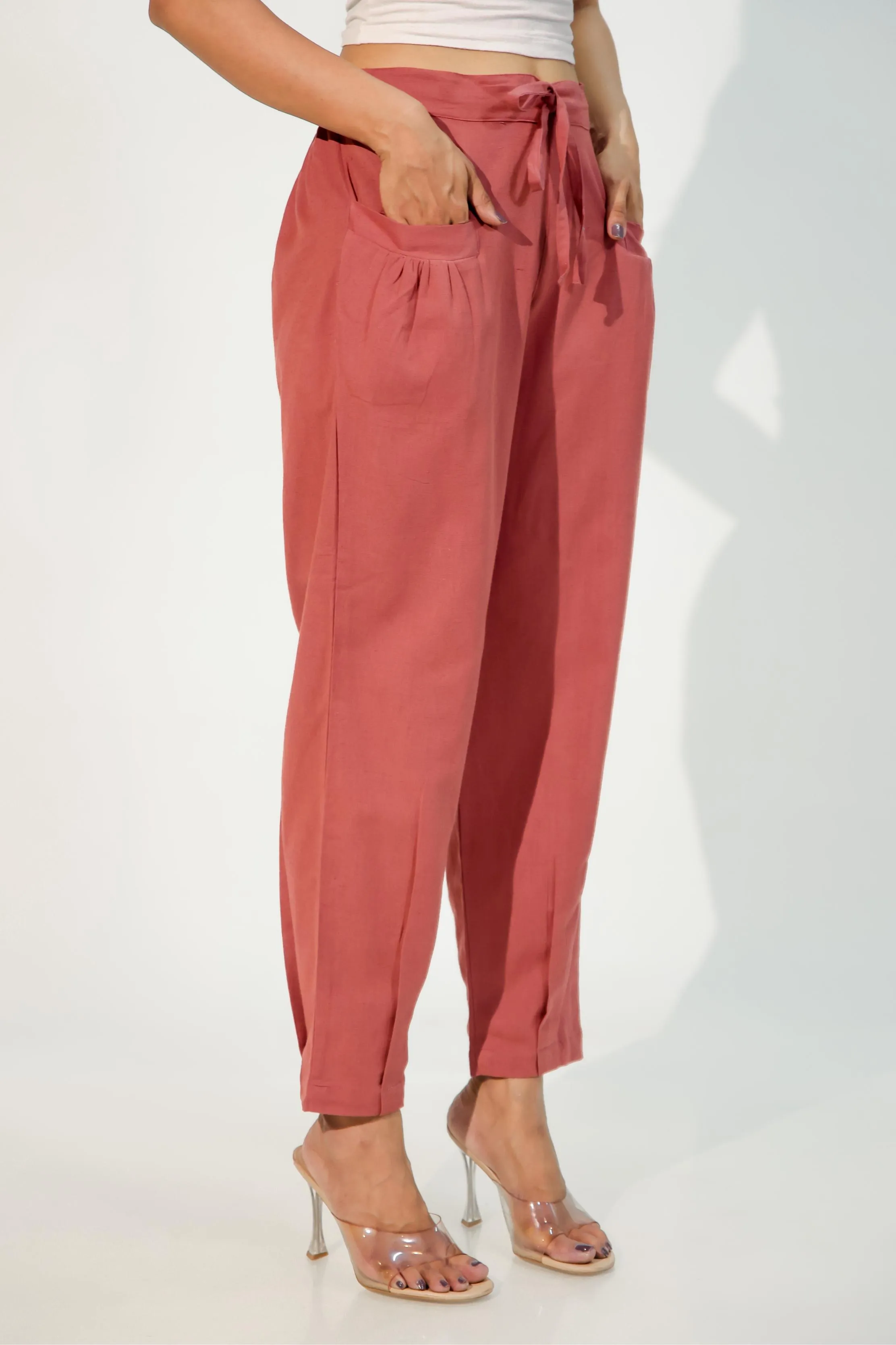 Carnation Red Women's Pleated-Narrow Trousers