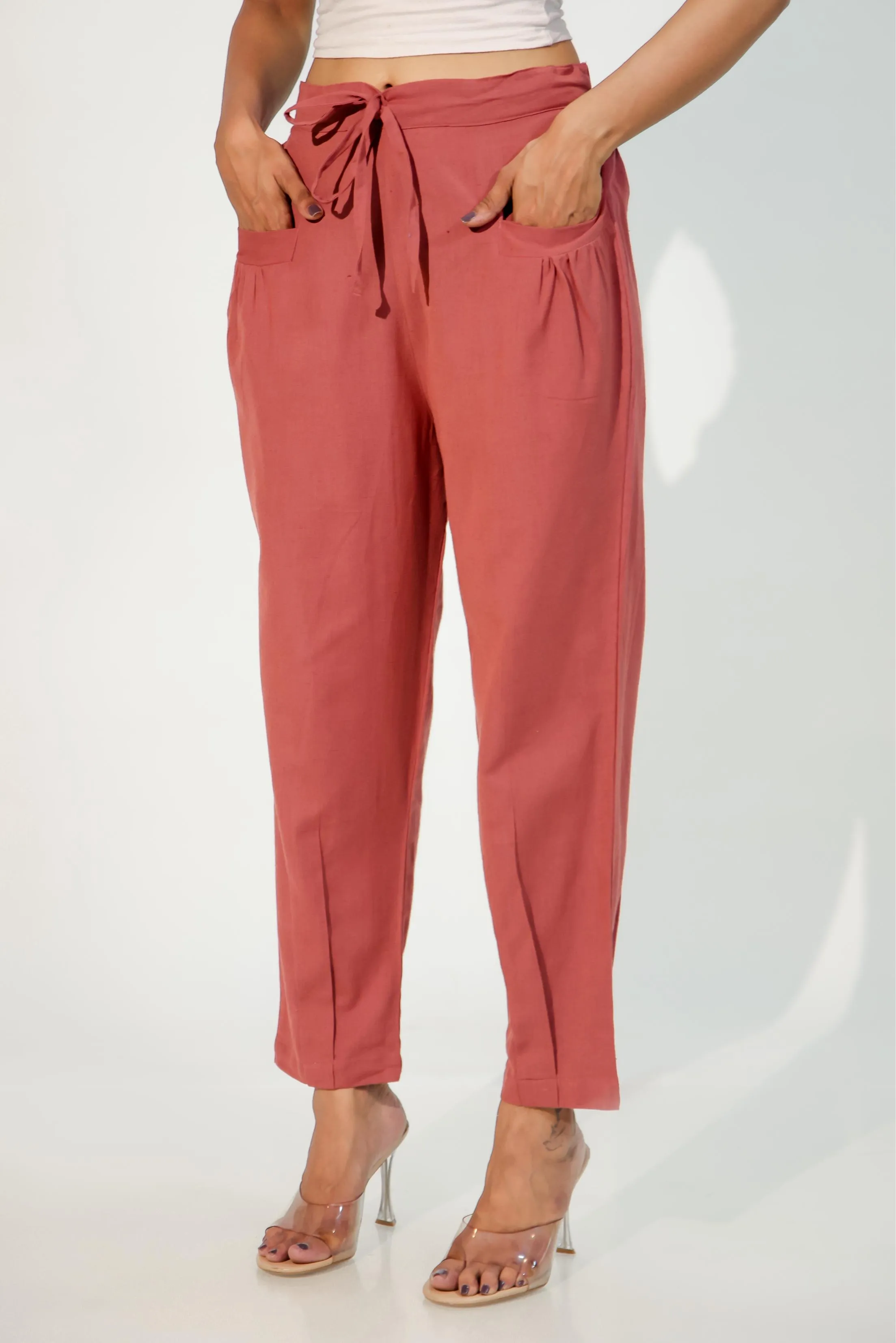 Carnation Red Women's Pleated-Narrow Trousers