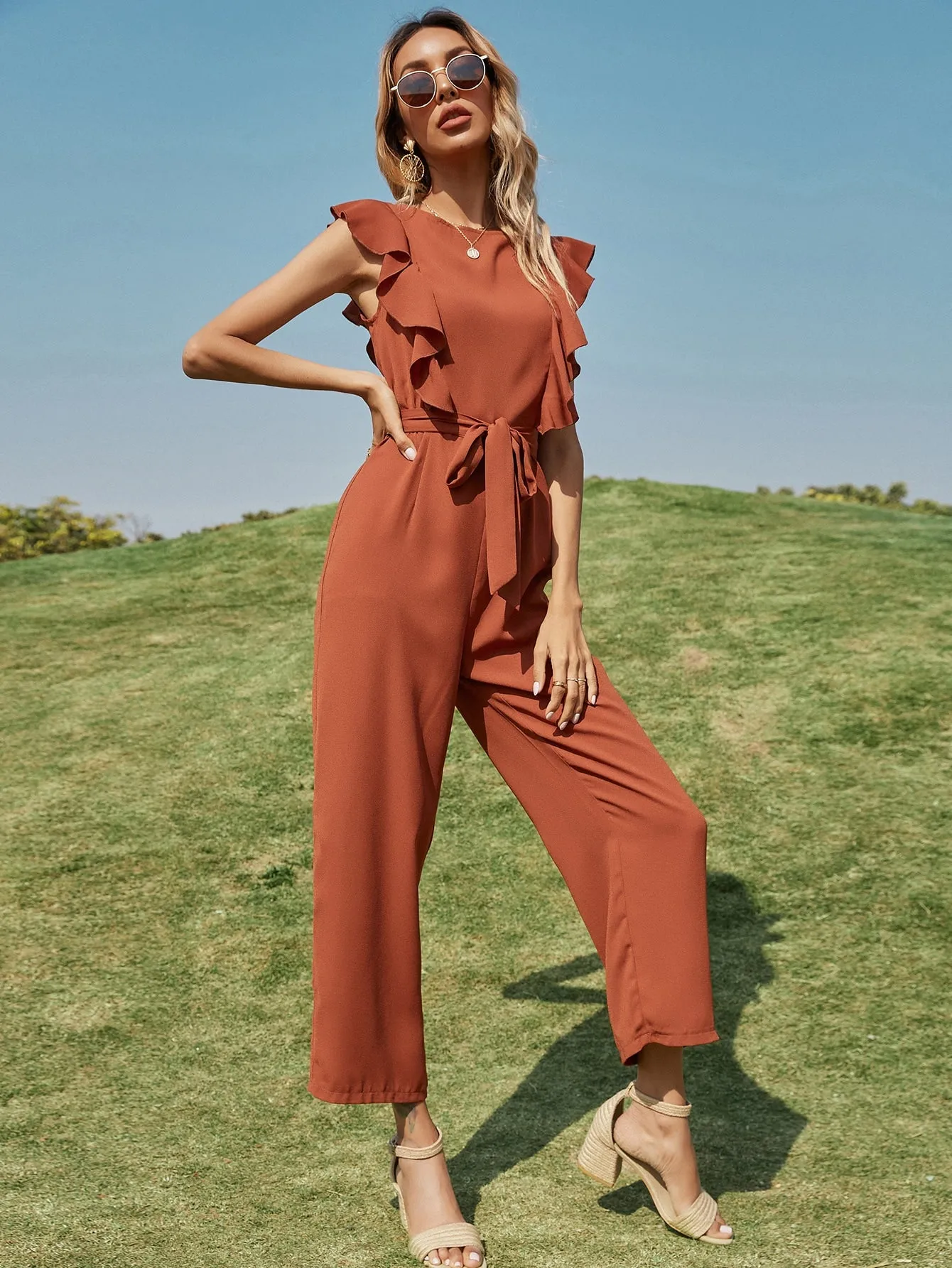 Casual Plain Belted Sleeveless Round Neck High Waist Long Women Jumpsuit