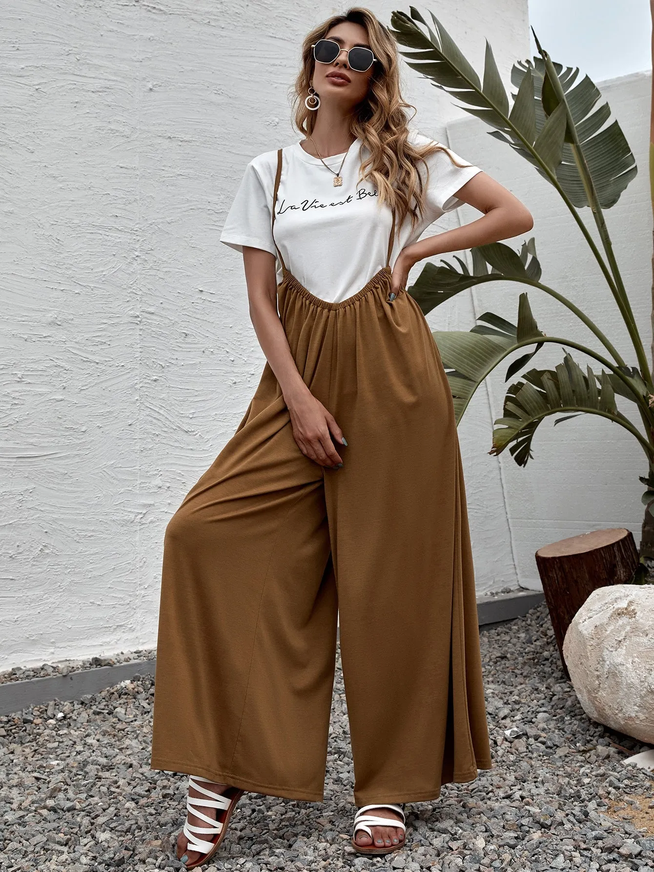 Casual Plain Sleeveless Spaghetti Strap High Waist Long Women Jumpsuit