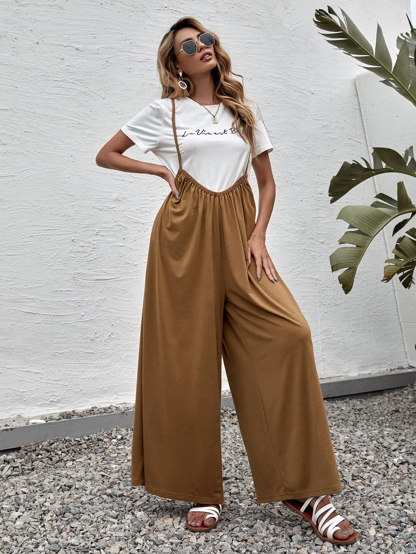 Casual Plain Sleeveless Spaghetti Strap High Waist Long Women Jumpsuit