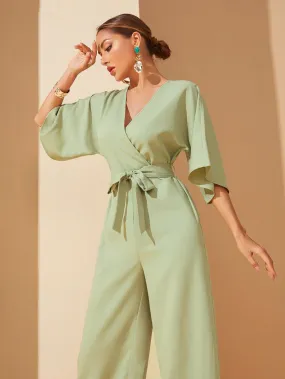 Casual Plain Wrap Half Sleeve V Neck High Waist Long Women Jumpsuit