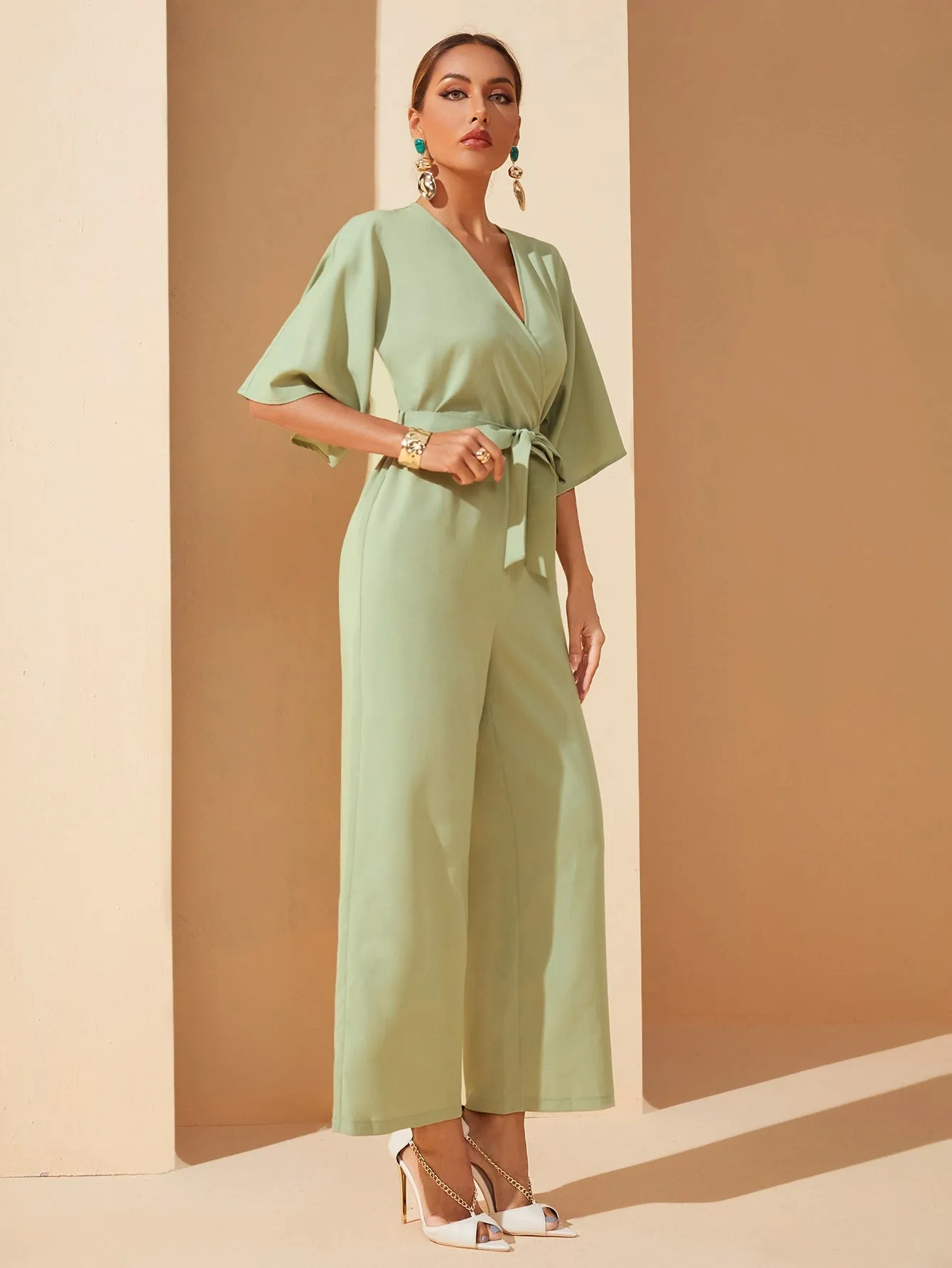 Casual Plain Wrap Half Sleeve V Neck High Waist Long Women Jumpsuit