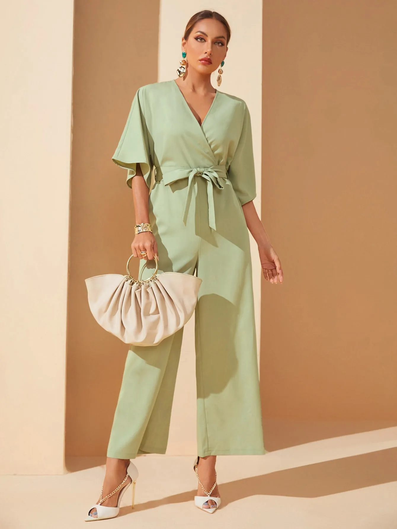 Casual Plain Wrap Half Sleeve V Neck High Waist Long Women Jumpsuit