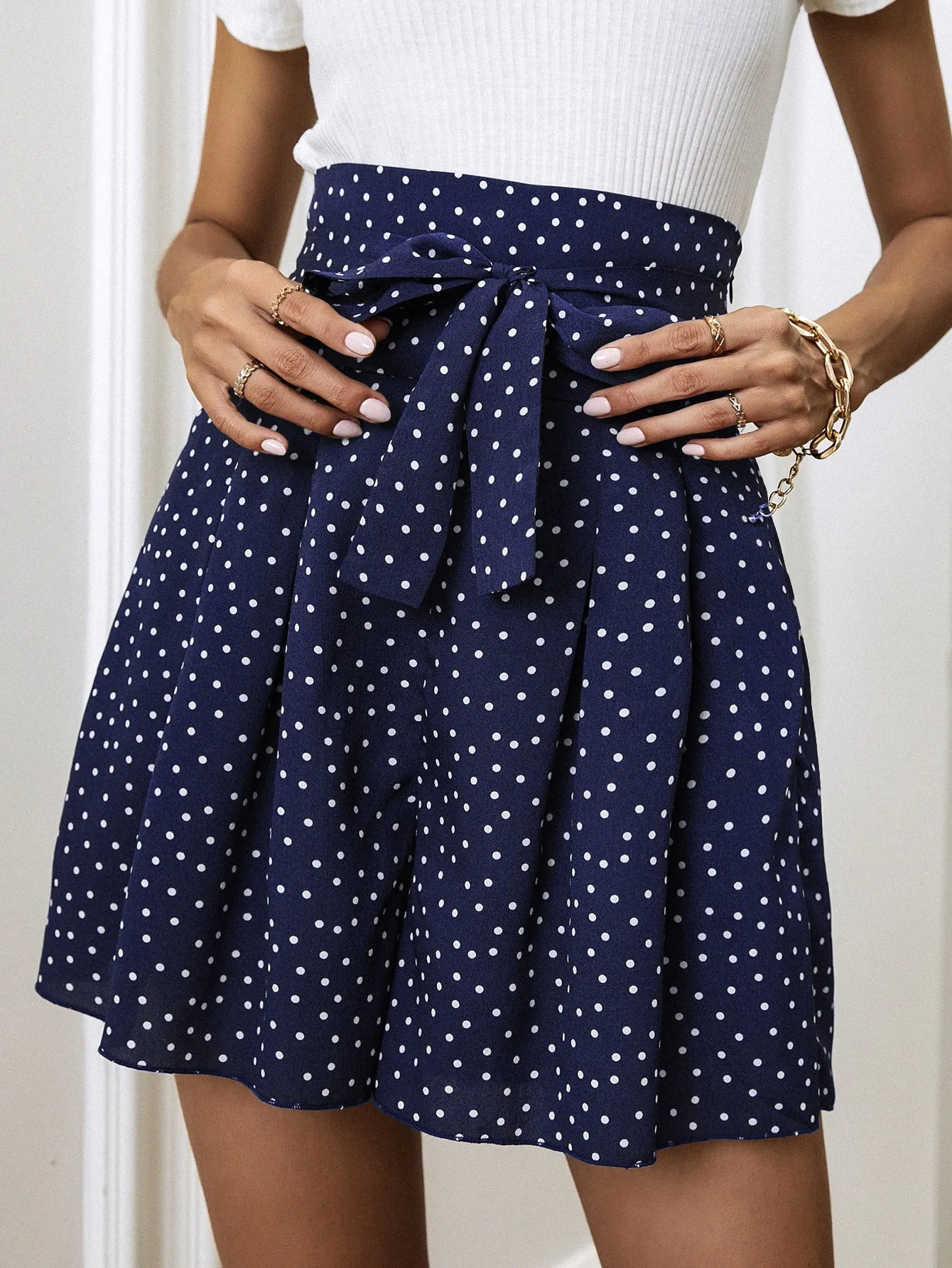 Casual Polka Dot Pleated High Waist Women Shorts