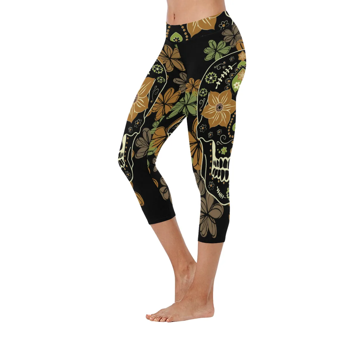 Day of the Dead Colourful Skull with Floral Women's Low Rise Capri Leggings (Invisible Stitch)