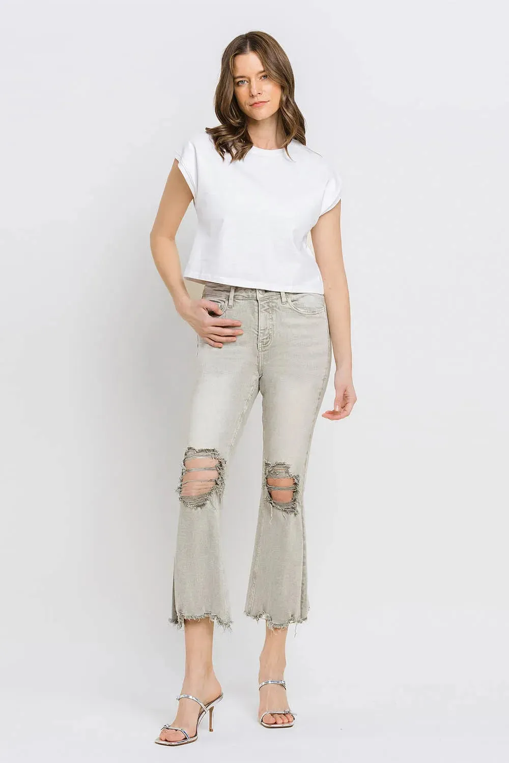 Distressed Raw Hem Cropped Flare Jeans