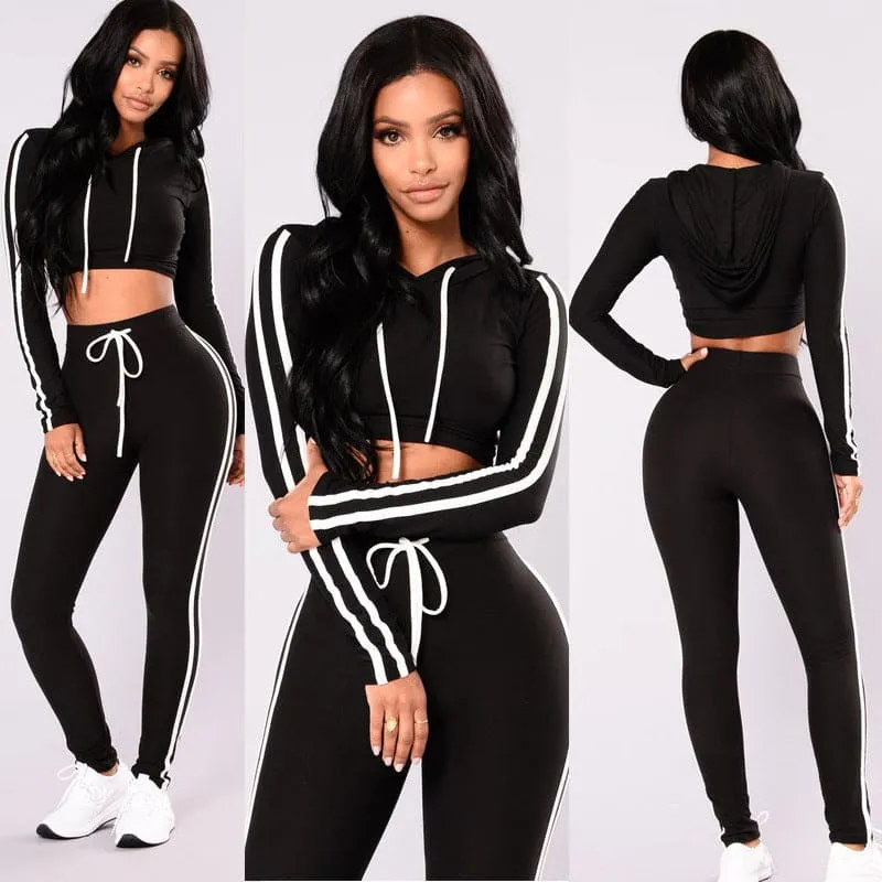 Double Side Stripe Drawstring Crop Hoodie & Slim Fit Jogger Pants