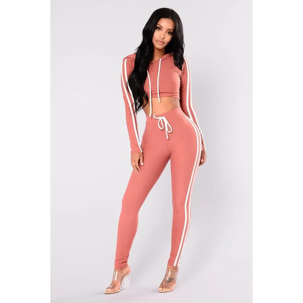 Double Side Stripe Drawstring Crop Hoodie & Slim Fit Jogger Pants