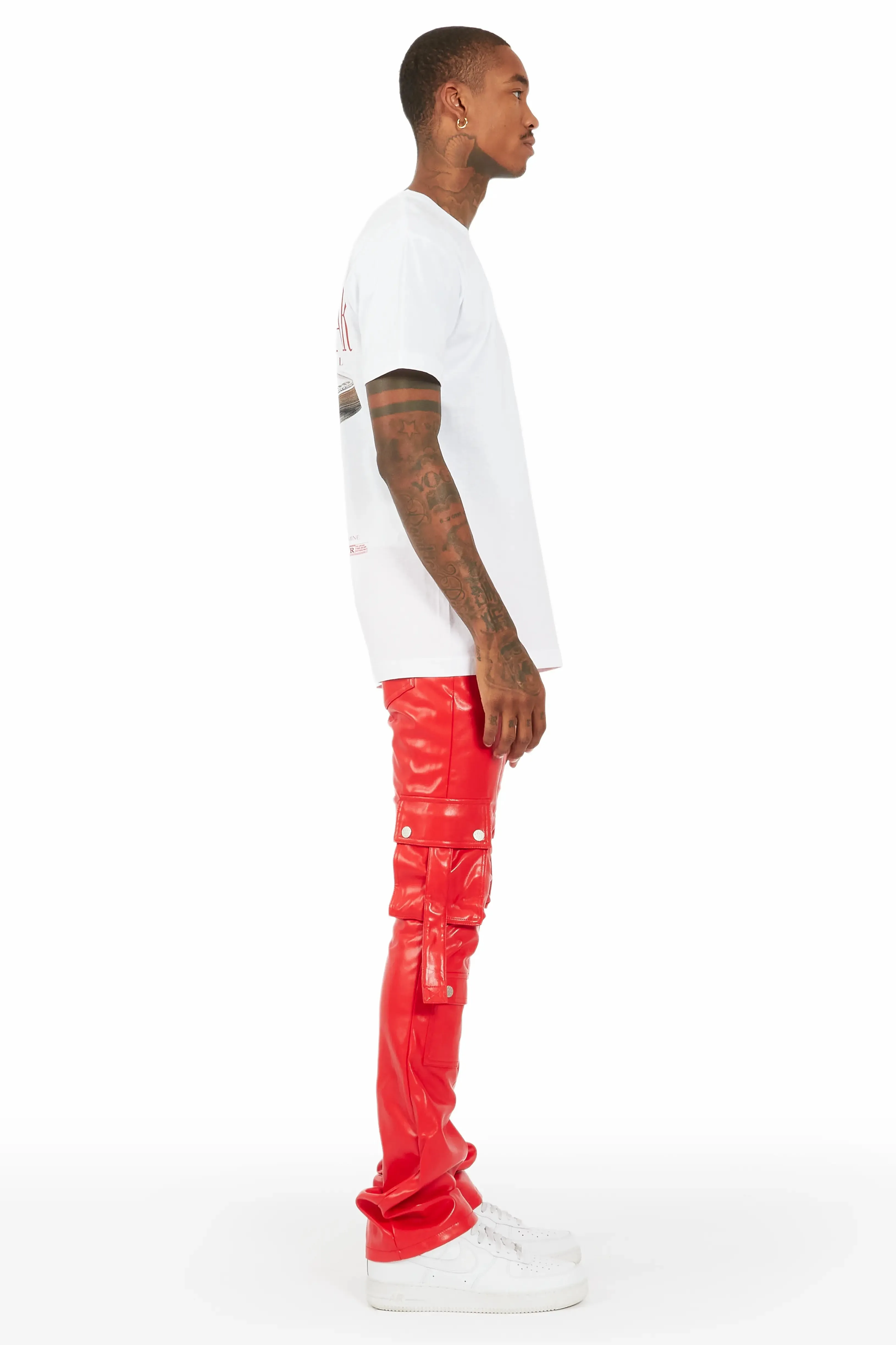 Errol Red Faux Leather Stacked Cargo Jean