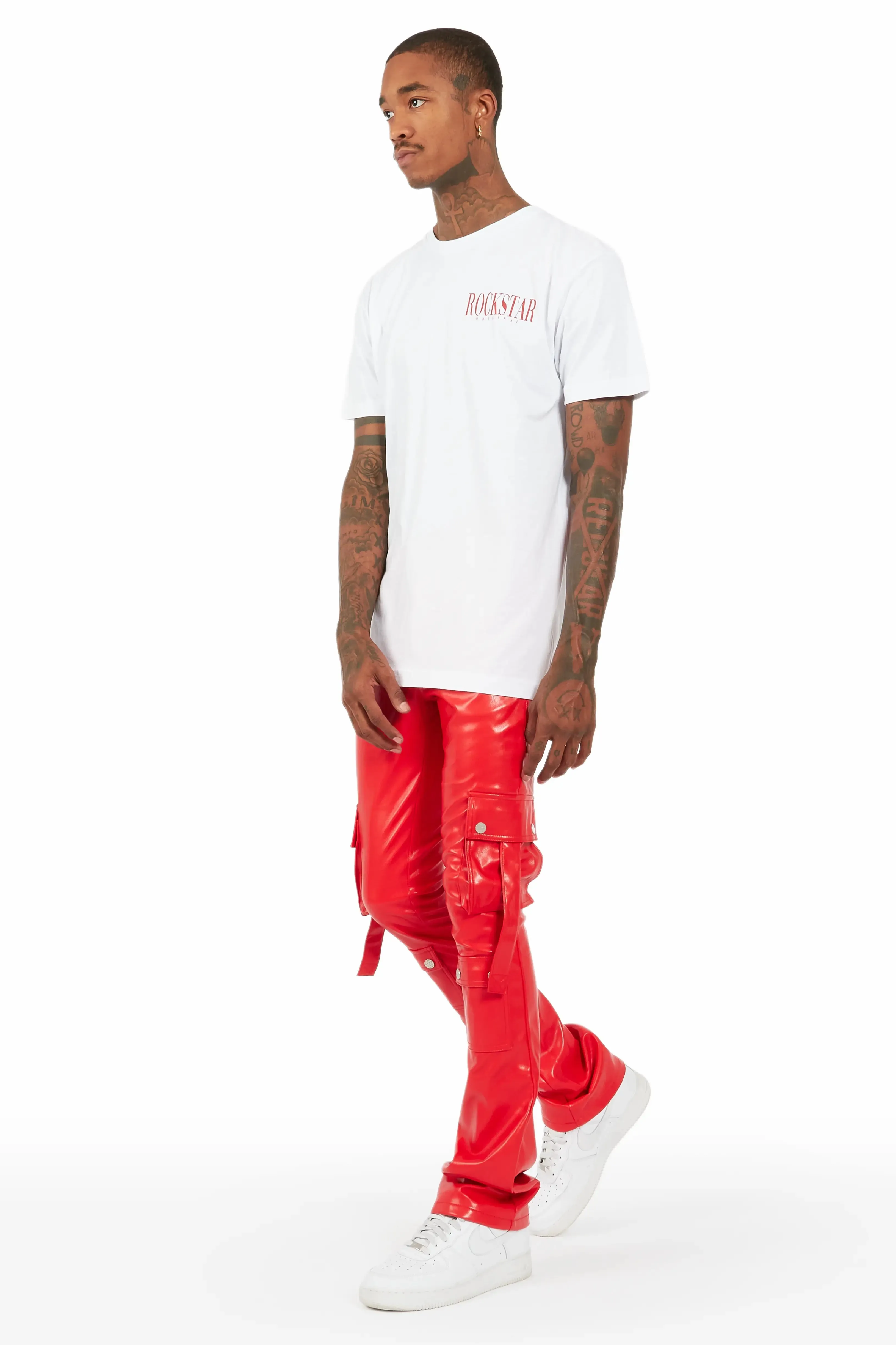 Errol Red Faux Leather Stacked Cargo Jean