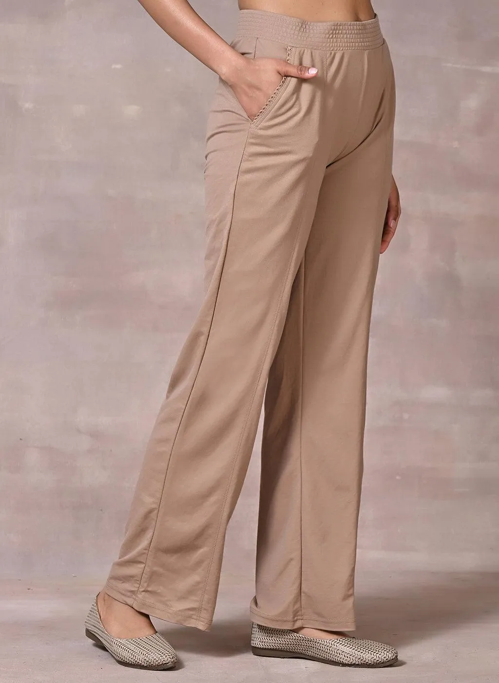 Esha Beige Modal Linen Relaxed Fit Pants for Women