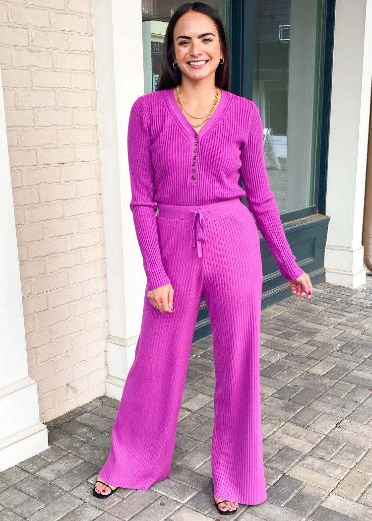 FRNCH Pomelo High Waist Ribbed Wide Leg Pant- Fuschia