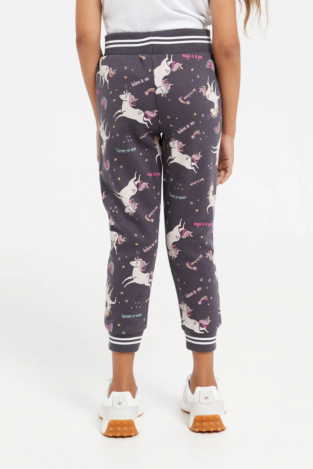 Girls Charcoal Unicorn Print Track Pants