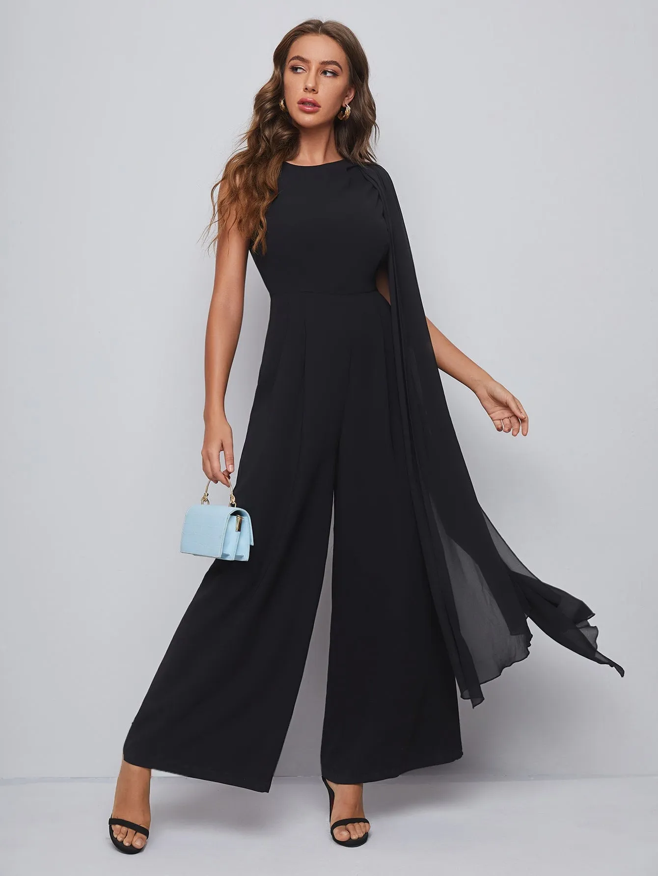 Glamorous Plain Zipper Sleeveless Round Neck High Waist Long Women Jumpsuit