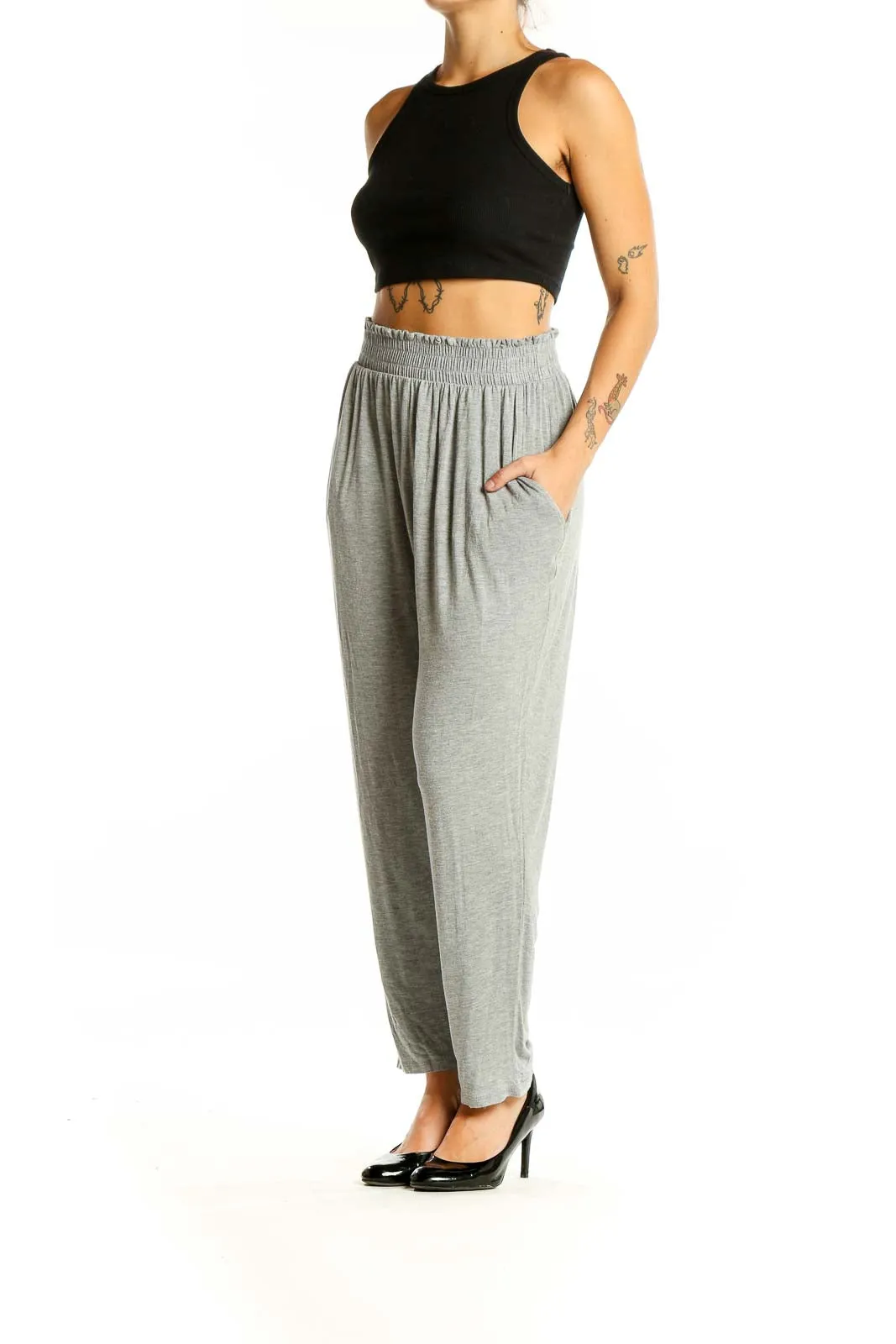 Gray Relaxed Fit Elastic Waist Pants