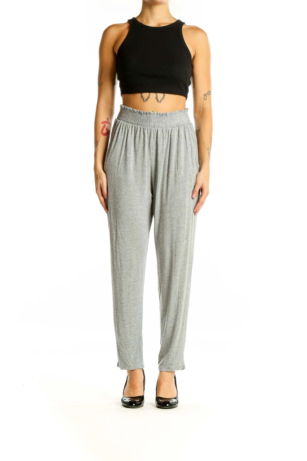 Gray Relaxed Fit Elastic Waist Pants