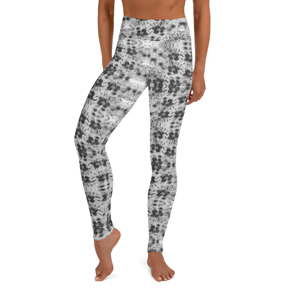 Grey Floral Print Yoga Leggings, Abstract Rose Flower Women's Long Tights-Made in USA/EU/MX