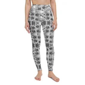 Grey Floral Print Yoga Leggings, Abstract Rose Flower Women's Long Tights-Made in USA/EU/MX