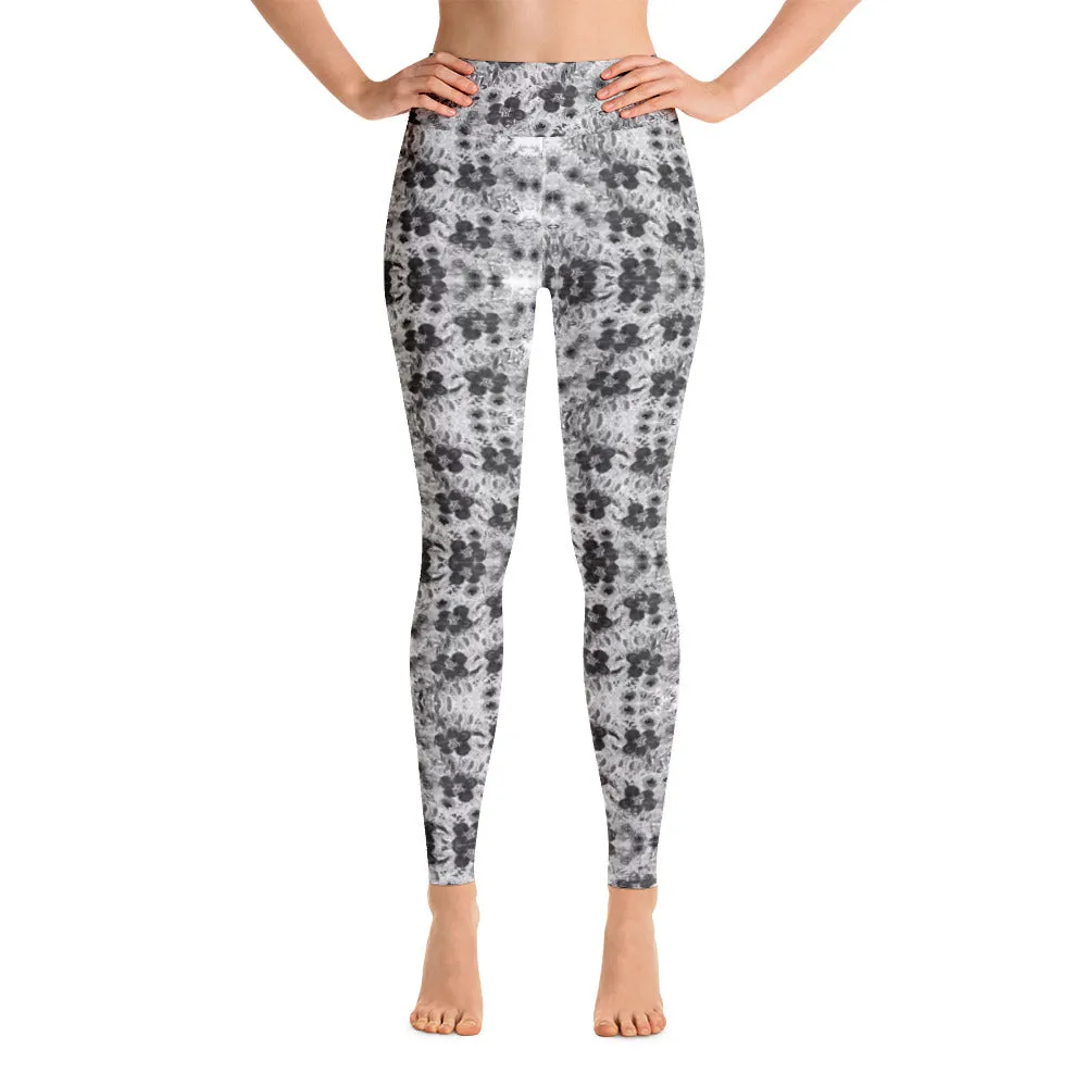 Grey Floral Print Yoga Leggings, Abstract Rose Flower Women's Long Tights-Made in USA/EU/MX