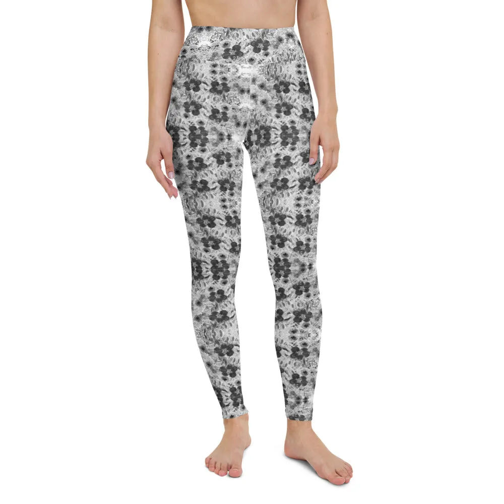 Grey Floral Print Yoga Leggings, Abstract Rose Flower Women's Long Tights-Made in USA/EU/MX