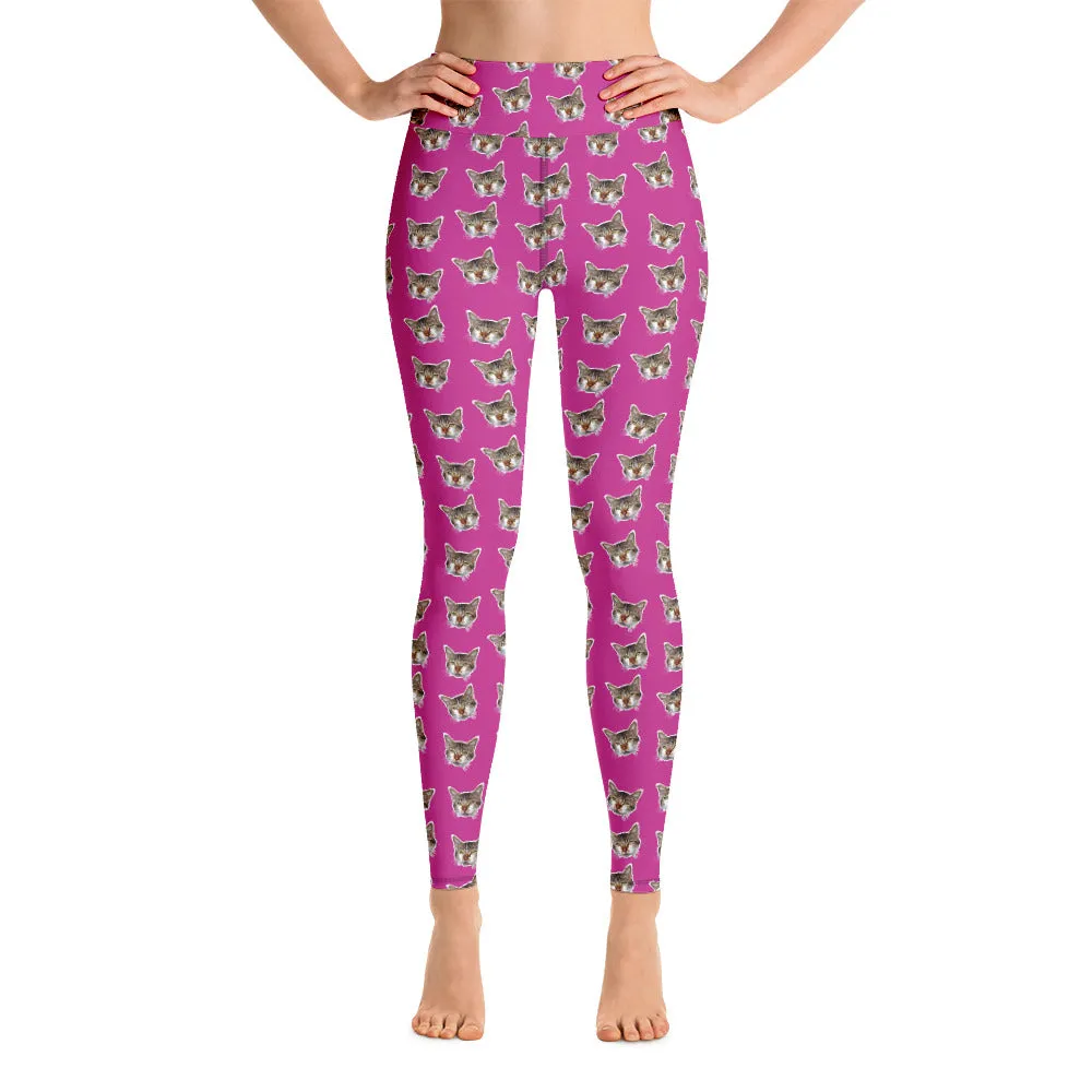 Hot Pink Cat Leggings, Calico Peanut Meow Cat Women's Long Yoga Pants- Made in USA/EU