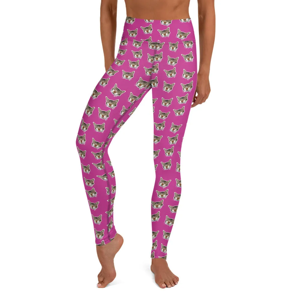 Hot Pink Cat Leggings, Calico Peanut Meow Cat Women's Long Yoga Pants- Made in USA/EU