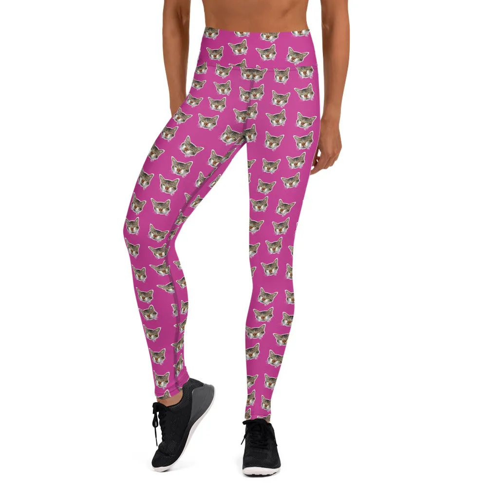 Hot Pink Cat Leggings, Calico Peanut Meow Cat Women's Long Yoga Pants- Made in USA/EU