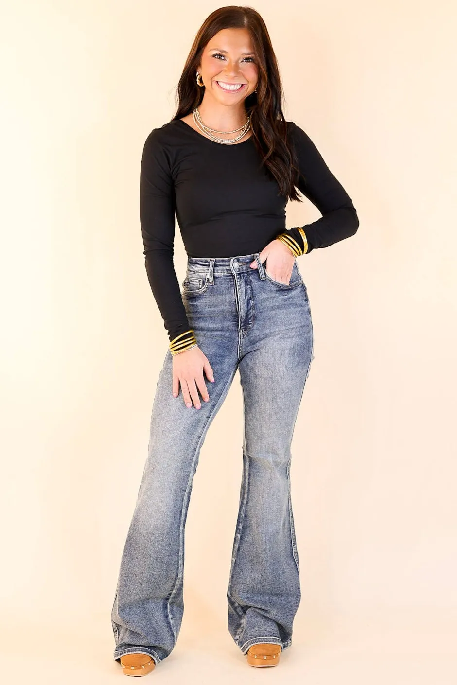 Judy Blue | Modern Muse High Waisted Tummy Control Flare Jean in Contrast Dark Wash