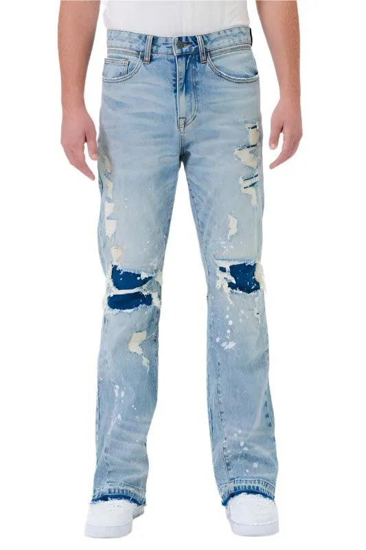 Mens Knee Destroyed Slim Flare Denim Jeans