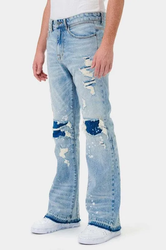 Mens Knee Destroyed Slim Flare Denim Jeans