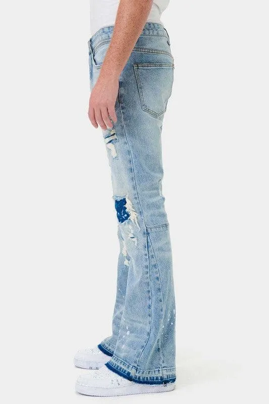 Mens Knee Destroyed Slim Flare Denim Jeans