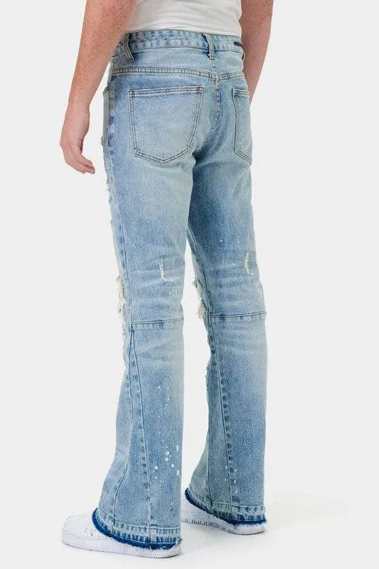 Mens Knee Destroyed Slim Flare Denim Jeans