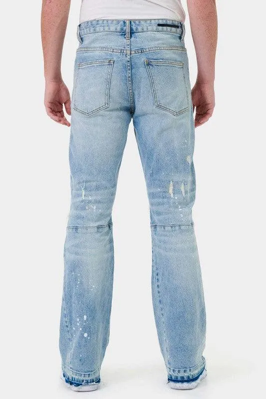 Mens Knee Destroyed Slim Flare Denim Jeans