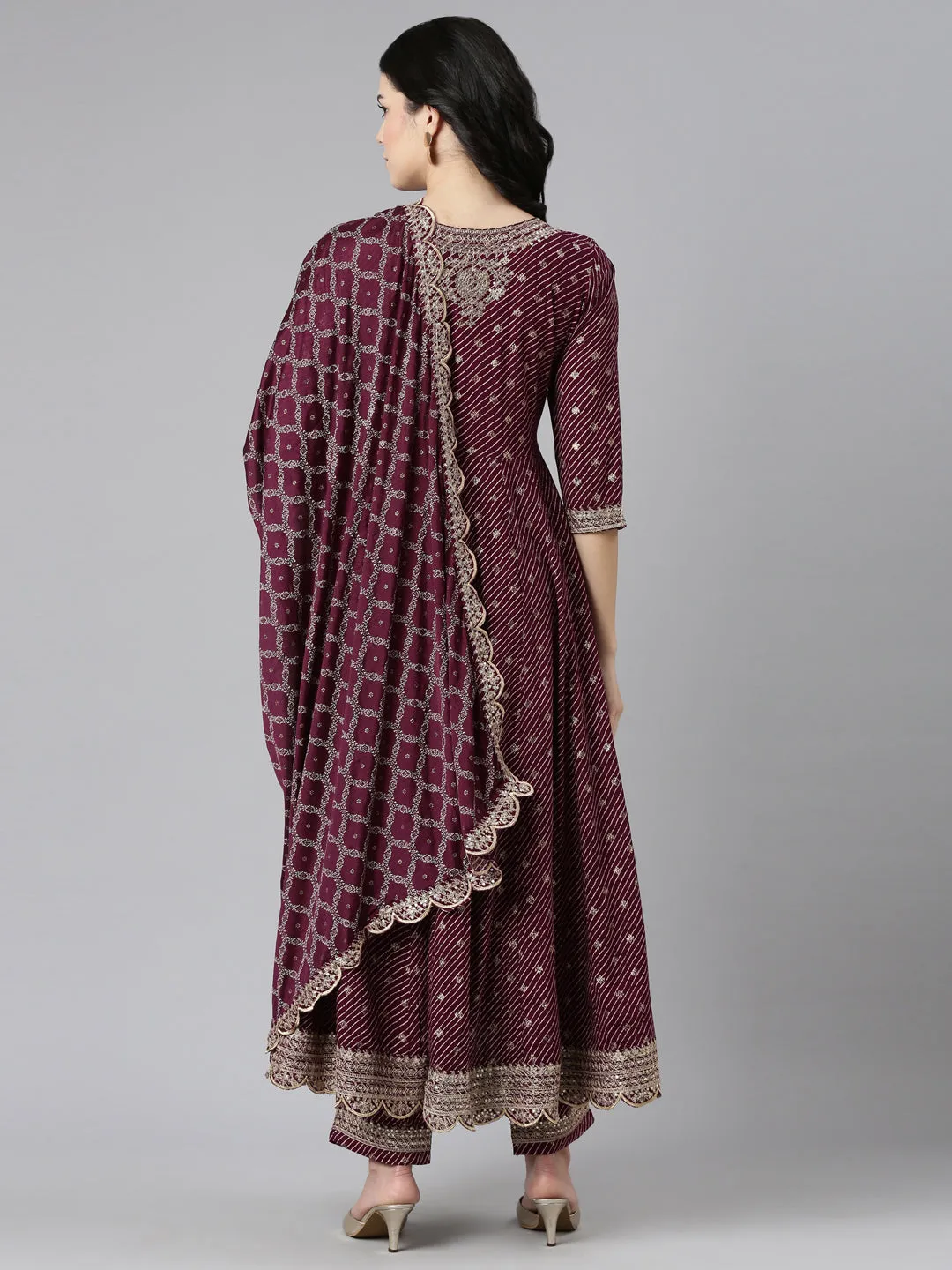 Neeru's Purple Pleated Straight Embroidered Kurta And Trousers With Dupatta