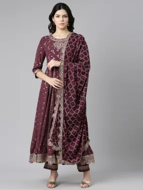 Neeru's Purple Pleated Straight Embroidered Kurta And Trousers With Dupatta