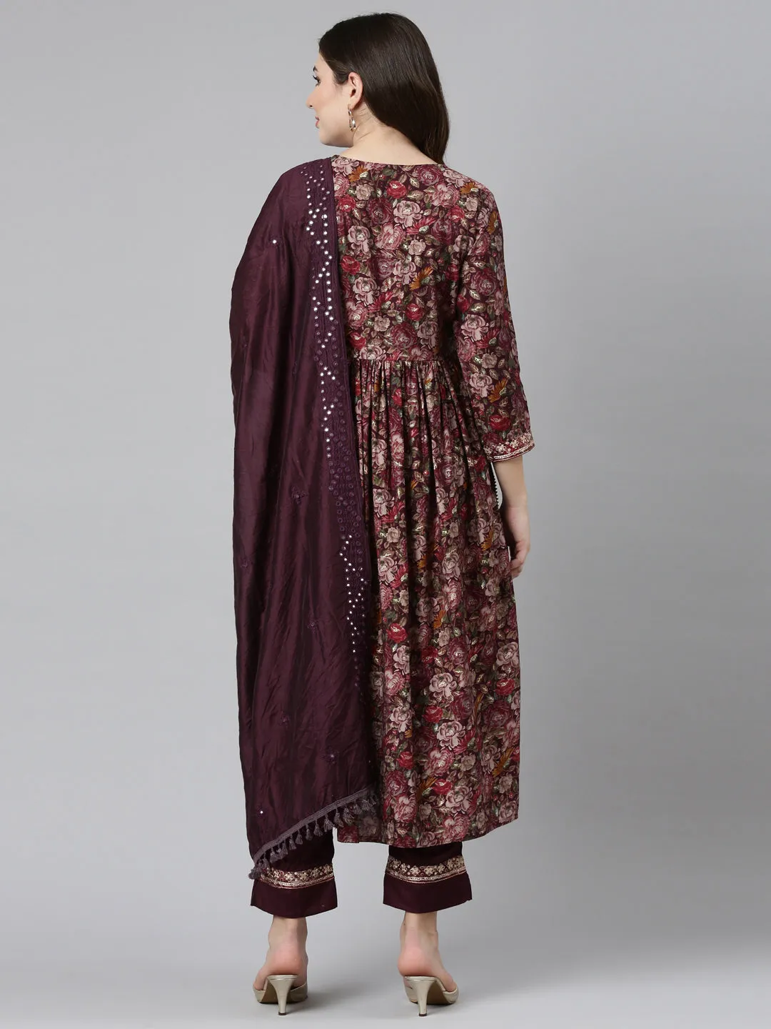 Neeru's Purple Pleated Straight Printed Kurta And Trousers With Dupatta