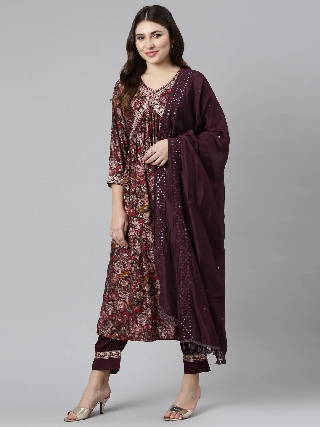 Neeru's Purple Pleated Straight Printed Kurta And Trousers With Dupatta